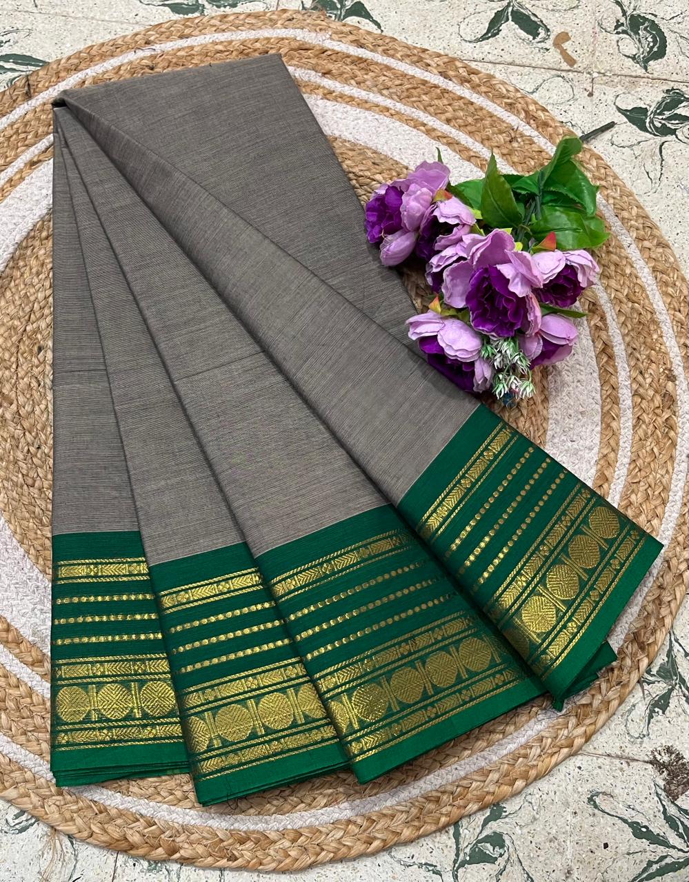 Taupe Grey Kanchi Cotton Saree With Emerald Green Floral Zari Border